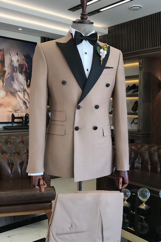Chic Khaki Peaked Lapel Double Breasted Prom Suits-BMbridal