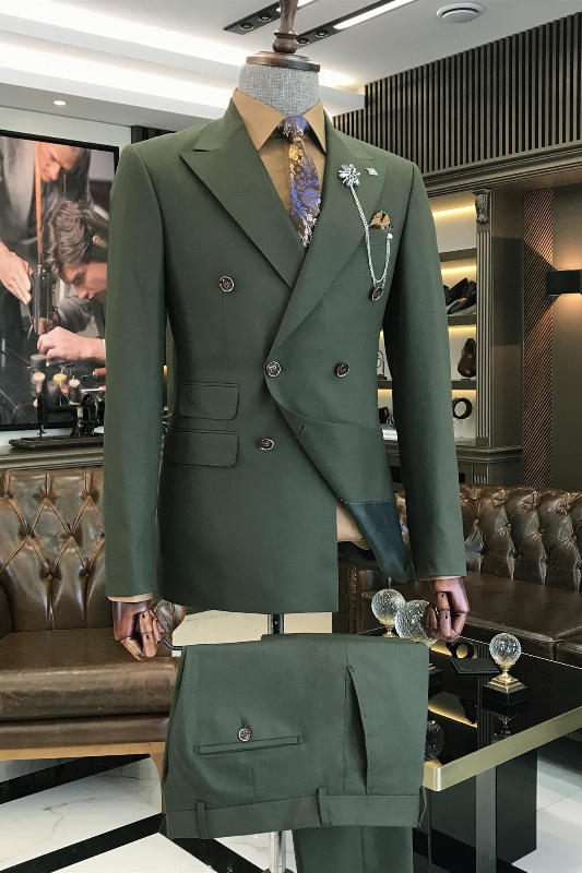 Fancy Dark Green Peaked Lapel Double Breasted Prom Suits-BMbridal