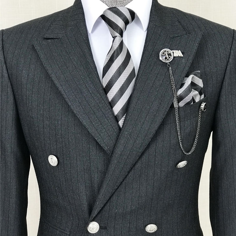 Formal Black Striped Peaked Lapel Double Breasted Business Suits-BMbridal