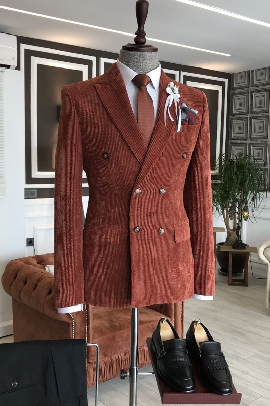 Bespoke Burgundy Corduroy Peaked Lapel Double Breasted Prom Suits-BMbridal