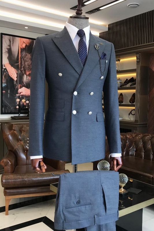 Formal Navy Blue Peaked Lapel Double Breasted Business Suits-BMbridal