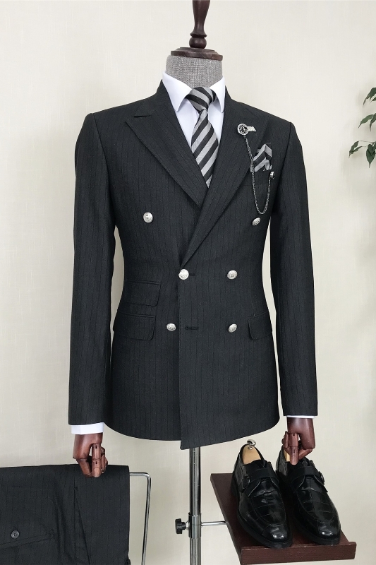 Formal Black Striped Peaked Lapel Double Breasted Business Suits-BMbridal