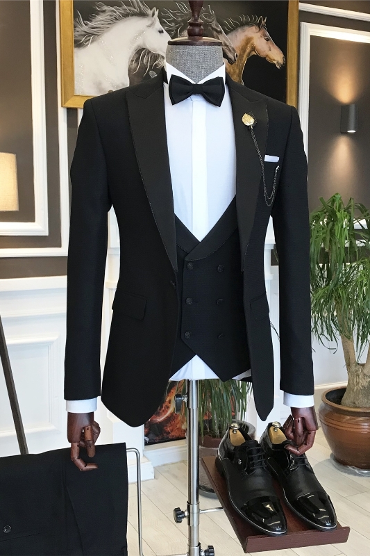 Bespoke Black Peaked Lapel Three Pieces Business Suits-BMbridal