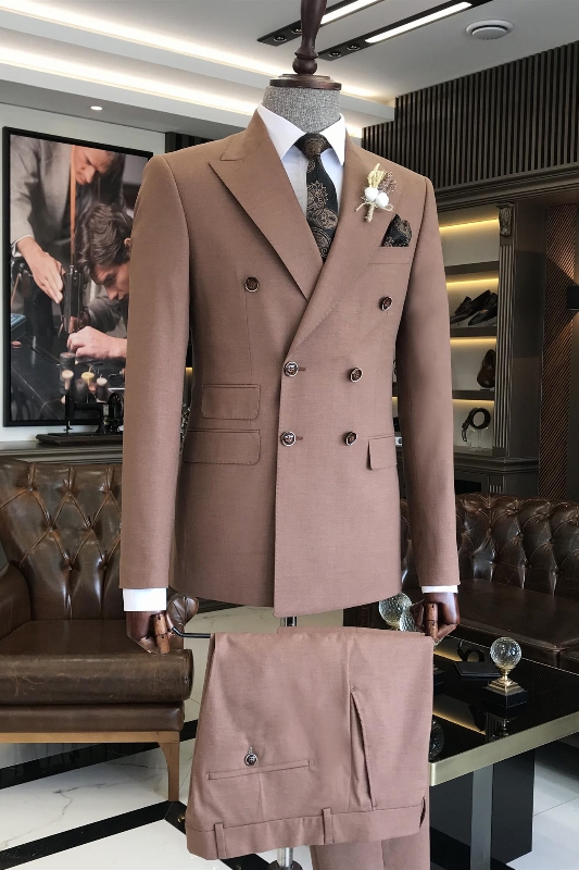 Bespoke Light Coffee Peaked Lapel Double Breasted Prom Suits-BMbridal