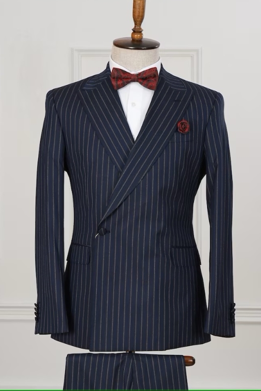 Formal Dark Navy Peaked Lapel Striped Bespoke Business Suits-BMbridal