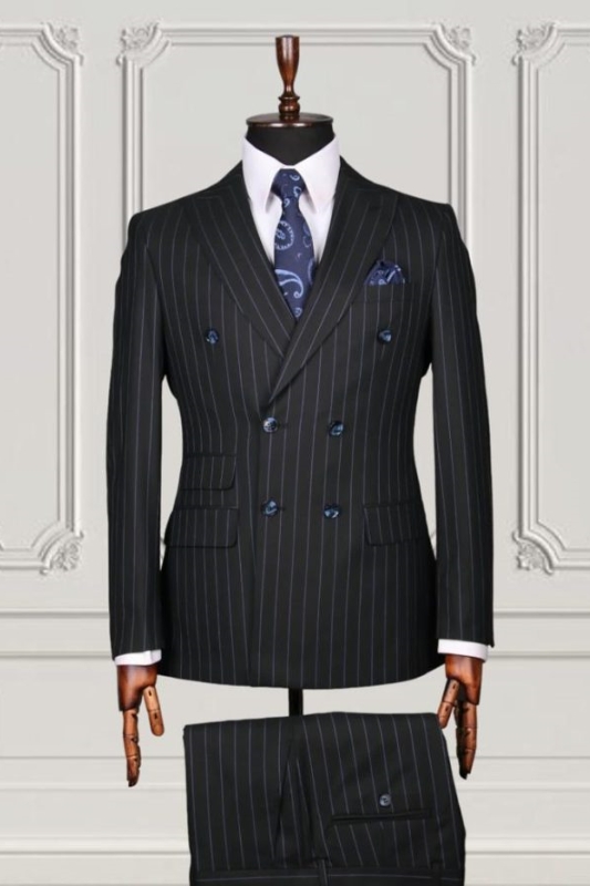 Classic Black Striped Peaked Lapel Double Breasted Business Suits-BMbridal