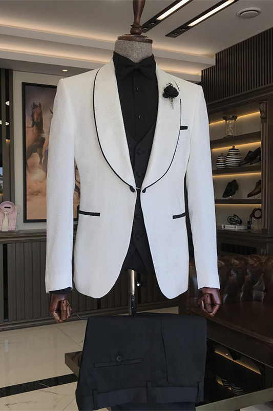 Arrival White Three Pieces Jacquard Shawl Lapel Wedding Men Suit-BMbridal