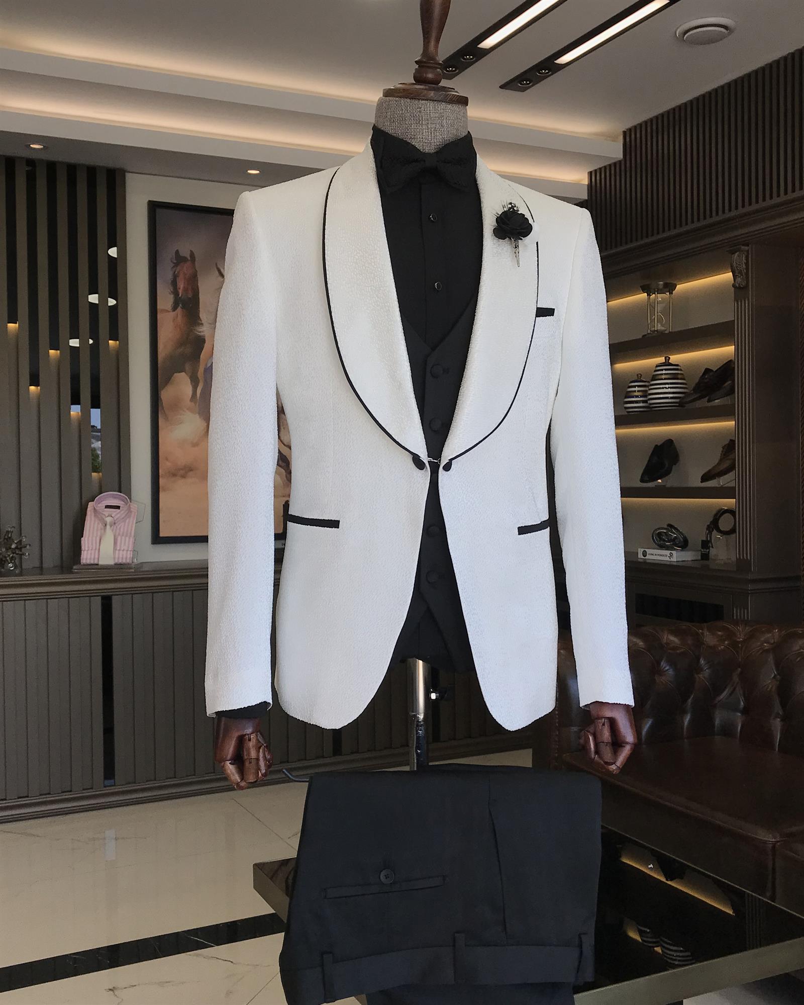 Arrival White Three Pieces Jacquard Shawl Lapel Wedding Men Suit-BMbridal