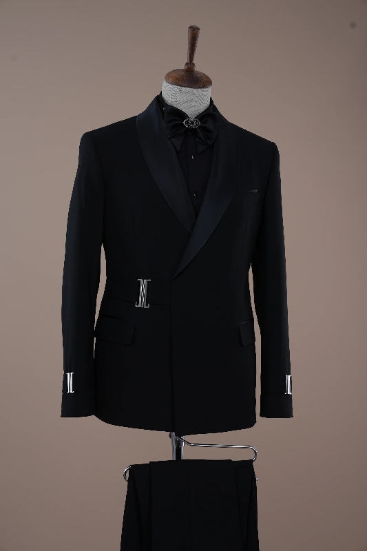 Fashion Black Shawl Lapel Slim Fit Two Pieces Wedding Suits-BMbridal