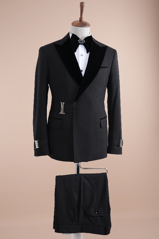 Fancy Black Peaked Lapel Slim Fit Two Pieces Prom Suits-BMbridal
