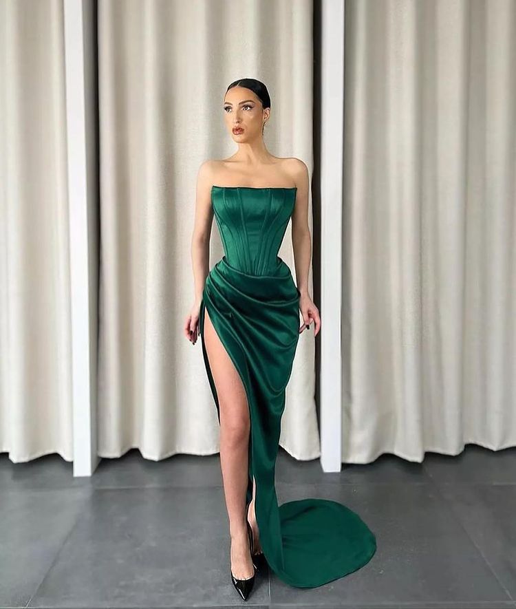 Bmbridal Dark Green Mermiad Strapless Prom Dress with Split Front