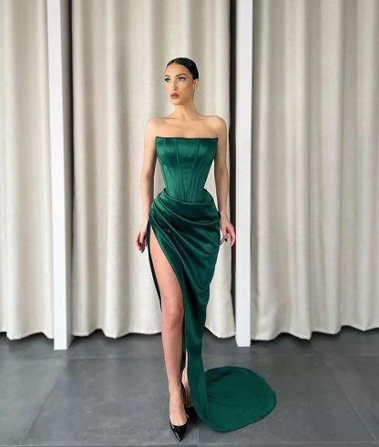 Bmbridal Dark Green Mermiad Strapless Prom Dress with Split Front