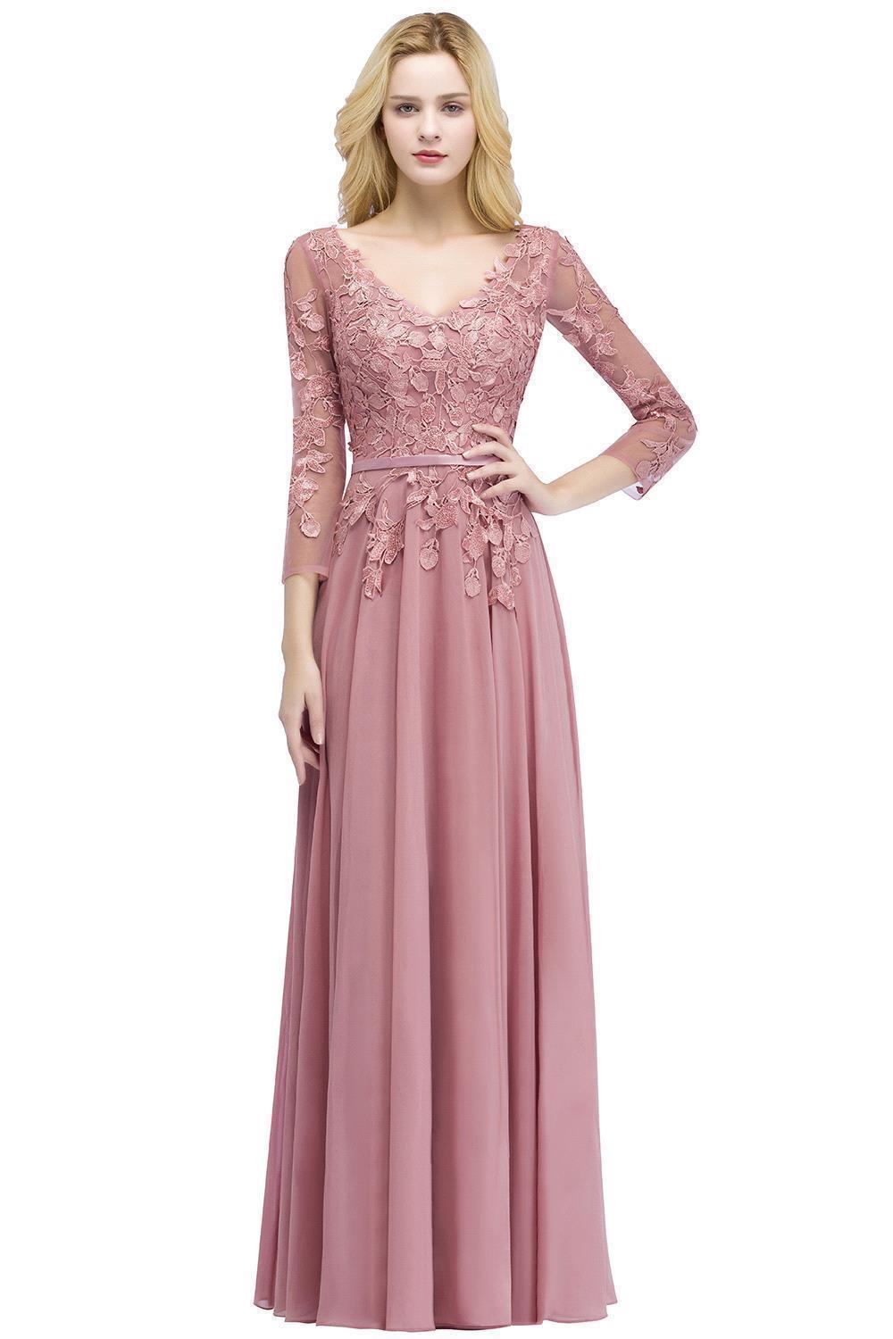 BMbridal Elegant Chiffon Lace Dusty Rose Evening Dress