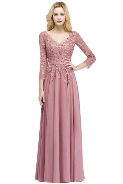 BMbridal Elegant Chiffon Lace Dusty Rose Evening Dress