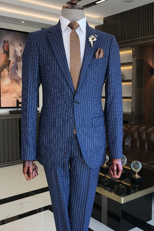 Stylish Blue Notched Lapel Striped Prom Suits For Men-BMbridal