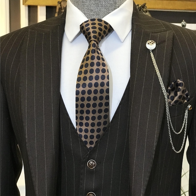 Bespoke Brown Peaked Lapel Three Pieces Striped Business Men Suits-BMbridal