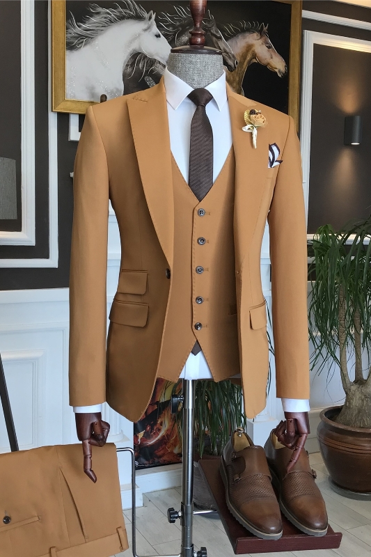 Modern Camel Peaked Lapel Three Pieces Business Suits-BMbridal