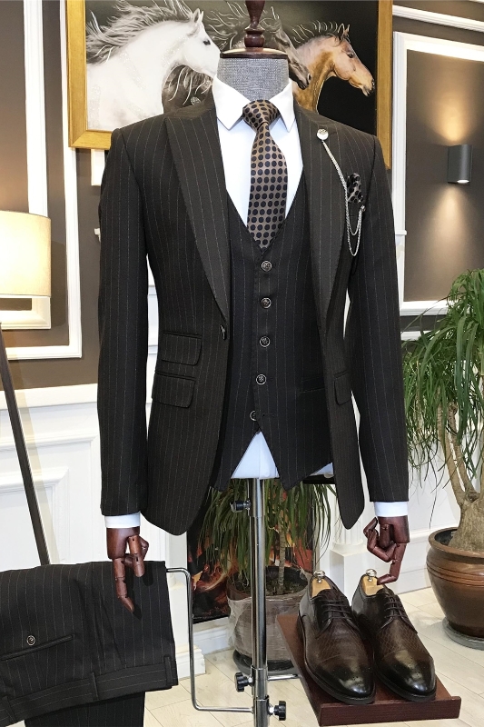 Bespoke Brown Peaked Lapel Three Pieces Striped Business Men Suits-BMbridal