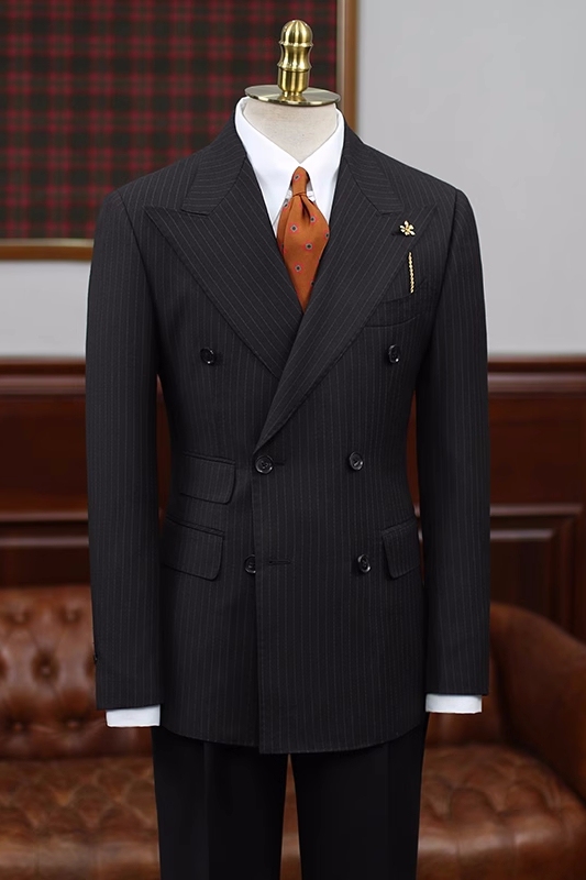 Bespoke Black Striped Peaked Lapel Double Breasted Business Suits-BMbridal