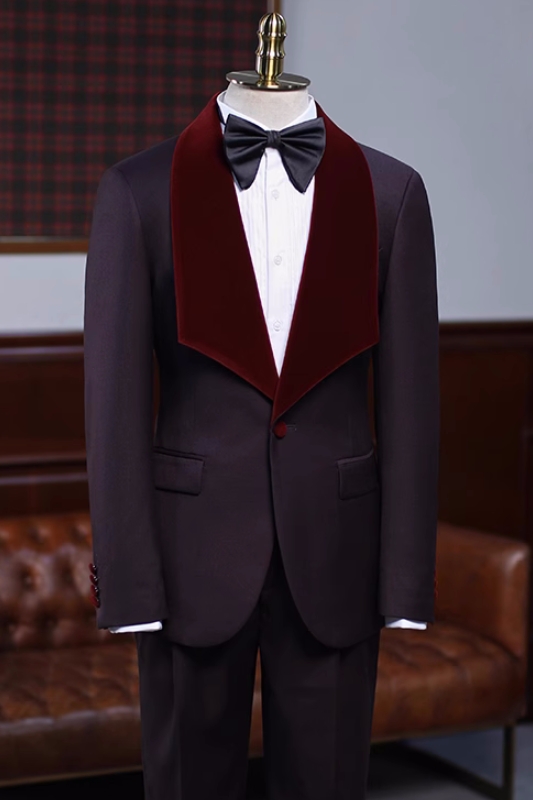 Stylish Grape Wedding Suits With Burgundy Velvet Shawl Lapel-BMbridal