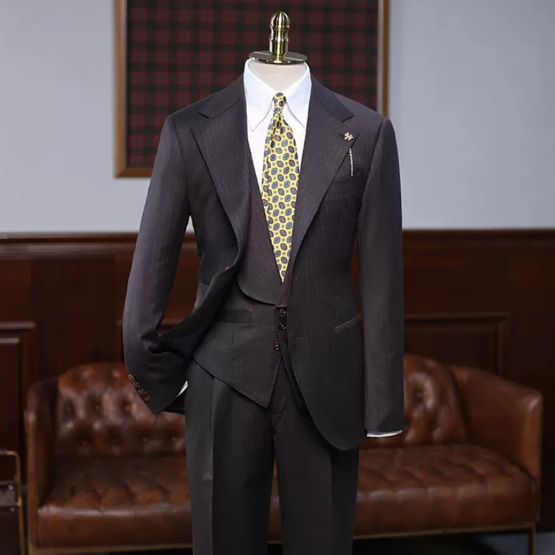 Gentle Coffee Striped Notched Lapel Three Pieces Business Suits-BMbridal