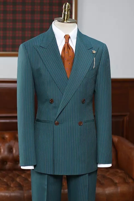 Classical Ocean Blue Striped Peaked Lapel Double Breasted Prom Suits-BMbridal