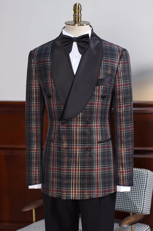 Handsome Black Plaid Shawl Lapel Double Breasted Prom Suits-BMbridal