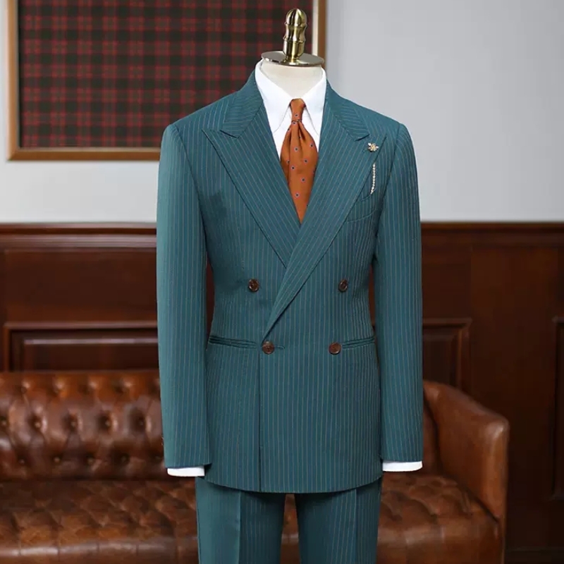 Classical Ocean Blue Striped Peaked Lapel Double Breasted Prom Suits-BMbridal