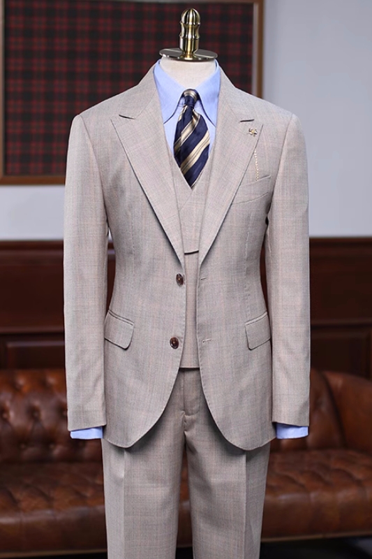 Special Khaki Plaid Peaked Lapel Three Pieces Prom Suits-BMbridal
