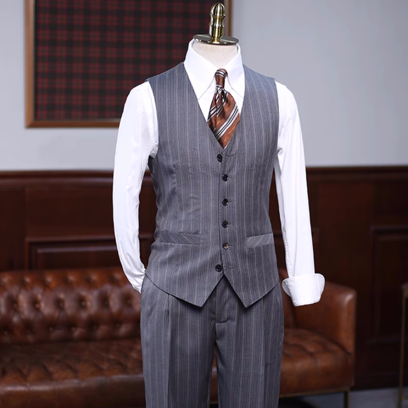 Formal Gray Striped Notched Lapel Three Pieces Business Suits-BMbridal