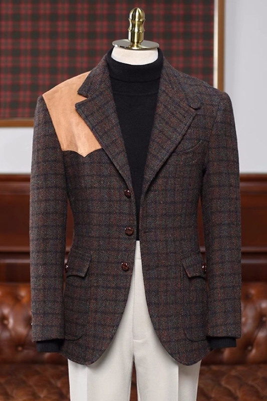 Chic Brown Plaid Notched Lapel Prom Suits-BMbridal