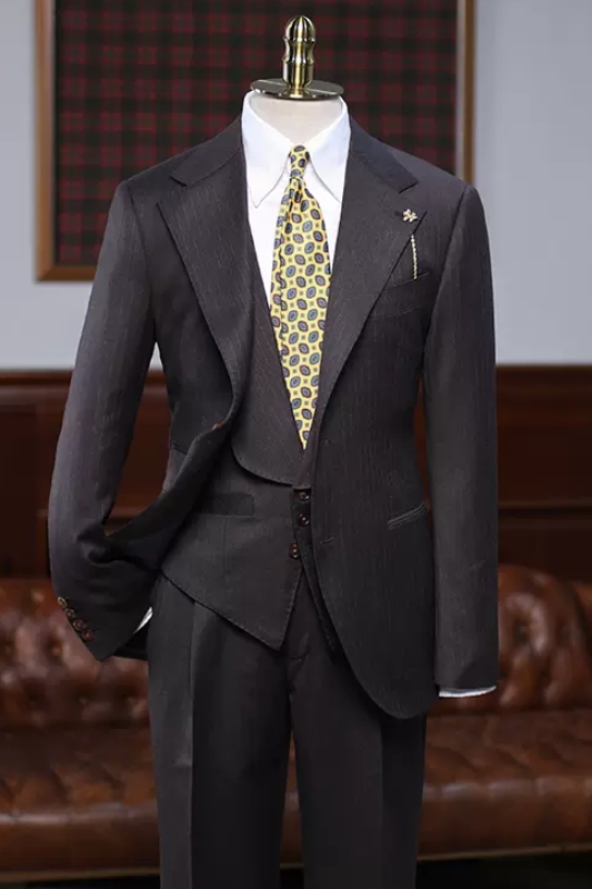 Gentle Coffee Striped Notched Lapel Three Pieces Business Suits-BMbridal