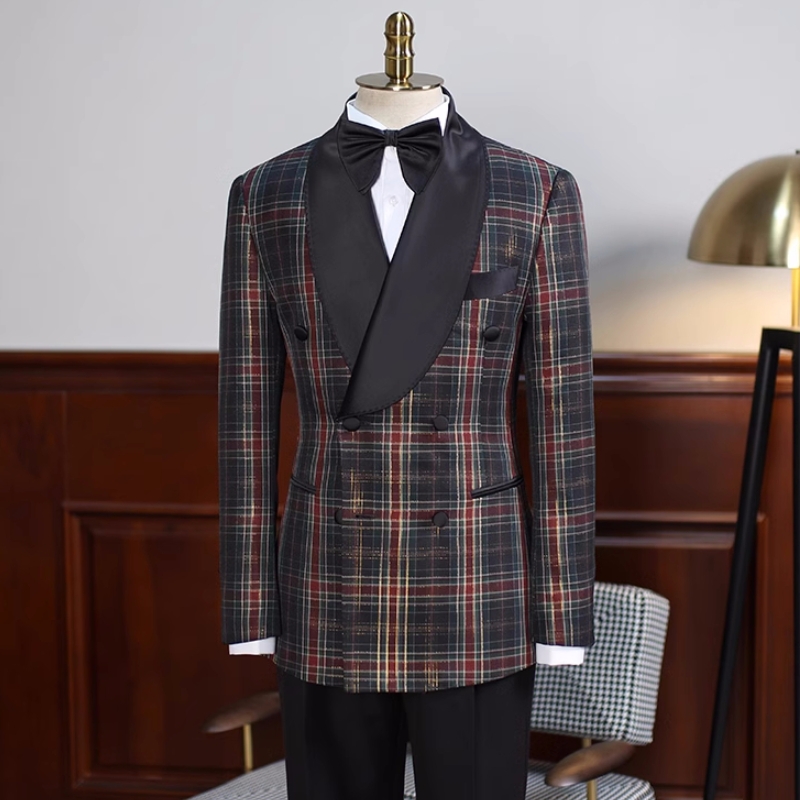 Handsome Black Plaid Shawl Lapel Double Breasted Prom Suits-BMbridal