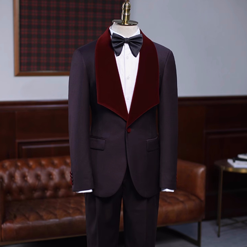 Stylish Grape Wedding Suits With Burgundy Velvet Shawl Lapel-BMbridal