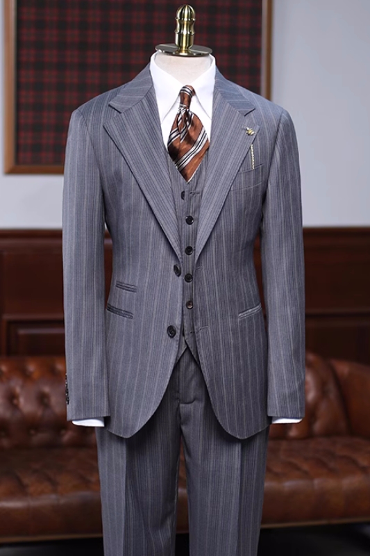 Formal Gray Striped Notched Lapel Three Pieces Business Suits-BMbridal