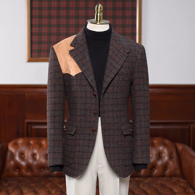 Chic Brown Plaid Notched Lapel Prom Suits-BMbridal