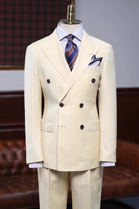 Chic Champagne Peaked Lapel Double Breasted Striped Prom Suits-BMbridal