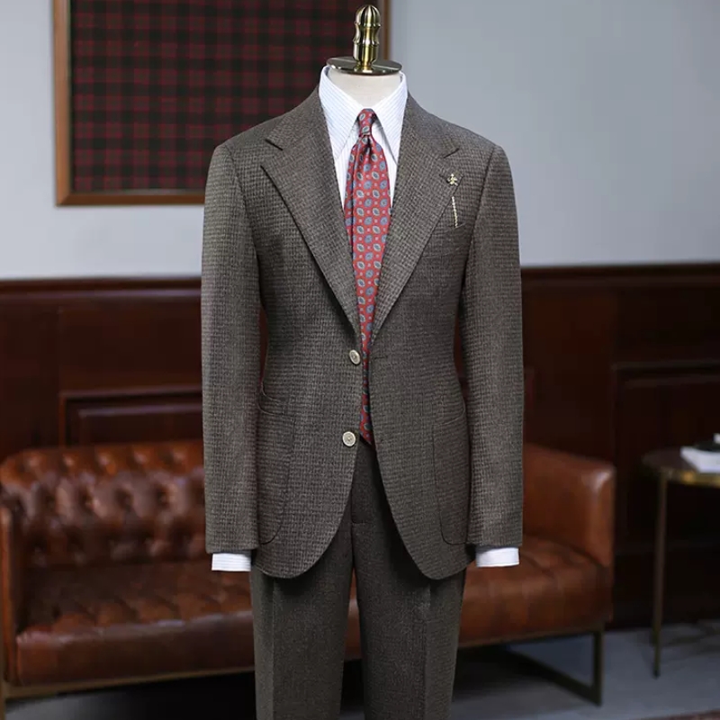 Bespoke Coffee Plaid Notched Lapel Prom Suits For Men