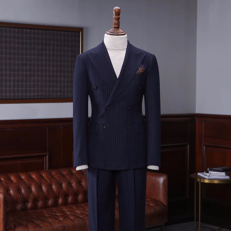 Handsome Navy Blue Striped Peaked Lapel Double Breasted Business Suits-BMbridal