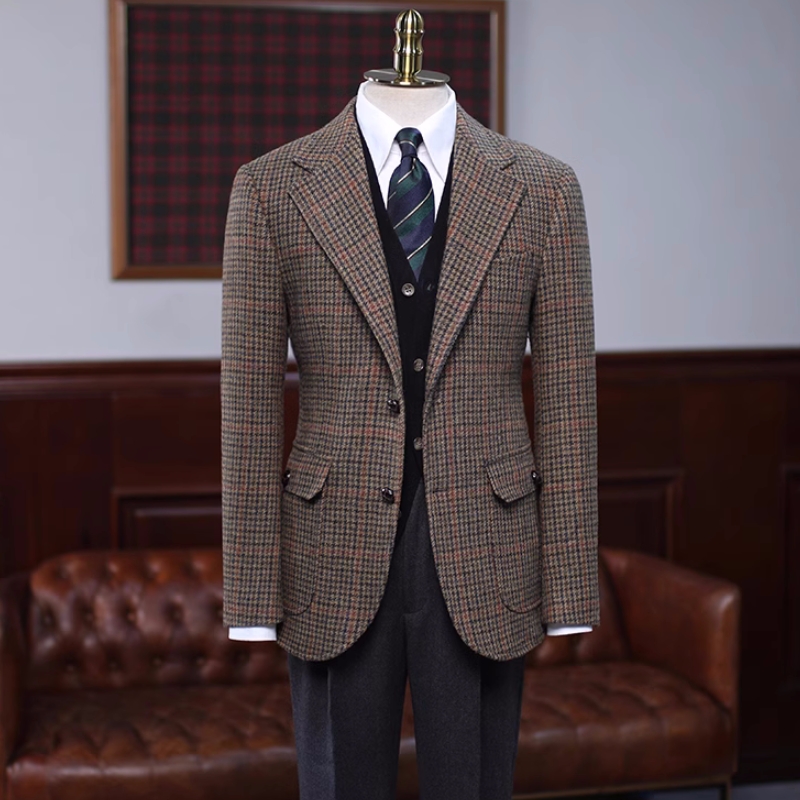 Stylish Brown Plaid Notched Lapel Three Pieces Prom Suits-BMbridal
