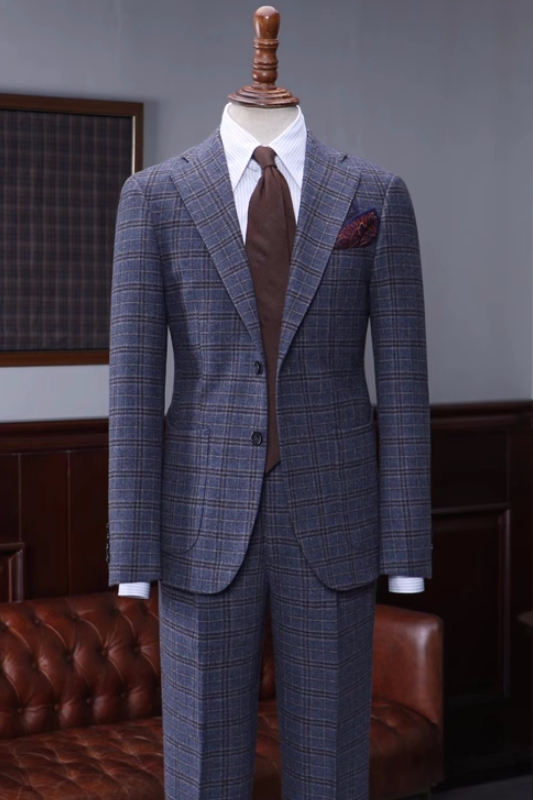 Bespoke Dark Blue Plaid Notched Lapel Business Suits-BMbridal