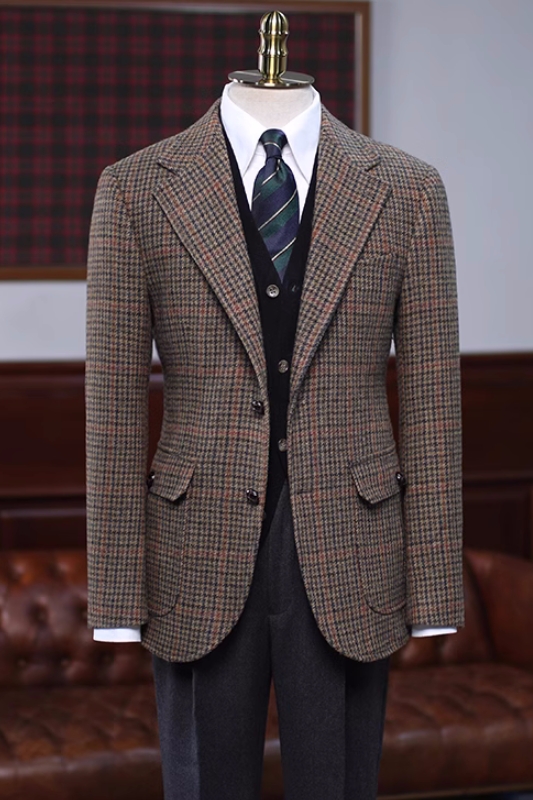 Stylish Brown Plaid Notched Lapel Three Pieces Prom Suits-BMbridal