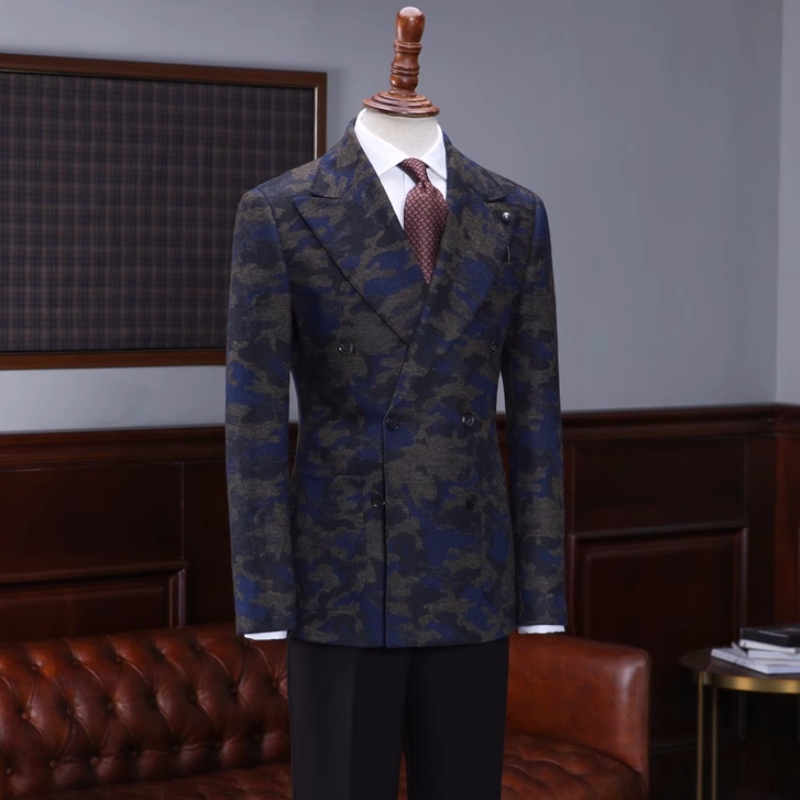 Special Navy Blue Peaked Lapel Double Breasted Jacquard Prom Suits-BMbridal
