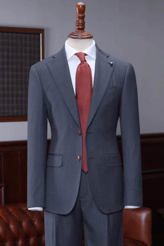 Newest Dark Gray Striped Notched Lapel Business Suits-BMbridal