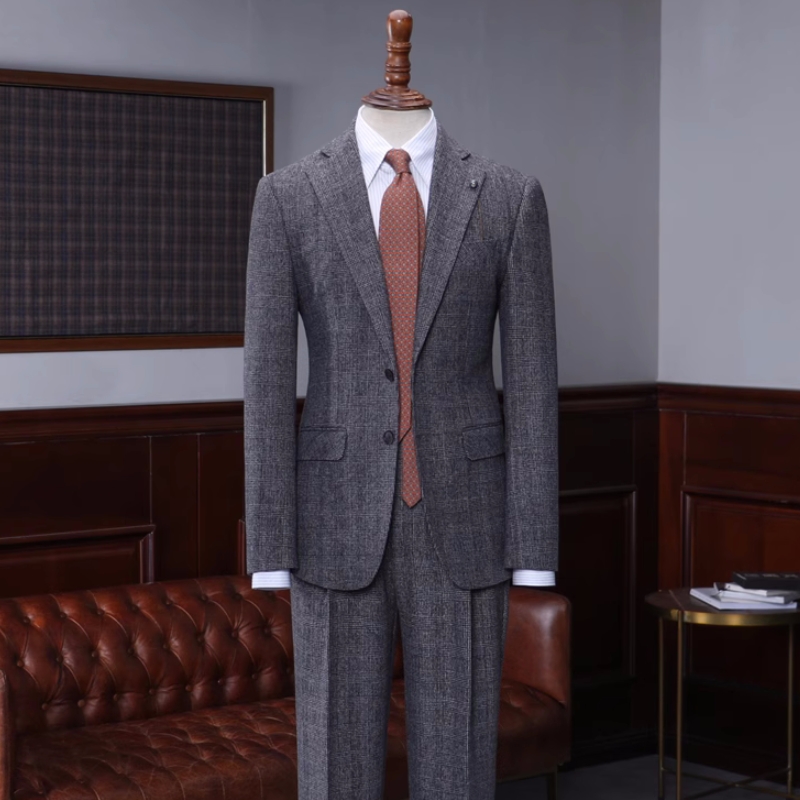 Generous Dark Gray Notched Lapel Plaid Business Suits-BMbridal
