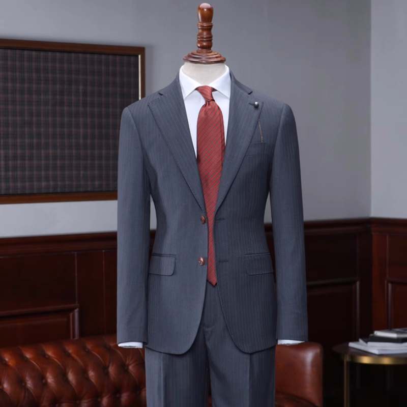 Newest Dark Gray Striped Notched Lapel Business Suits-BMbridal
