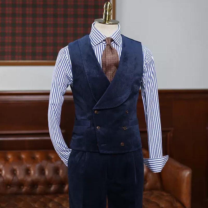 New Arrival Navy Blue Notched Lapel Three Pieces Velvet Prom Suits-BMbridal