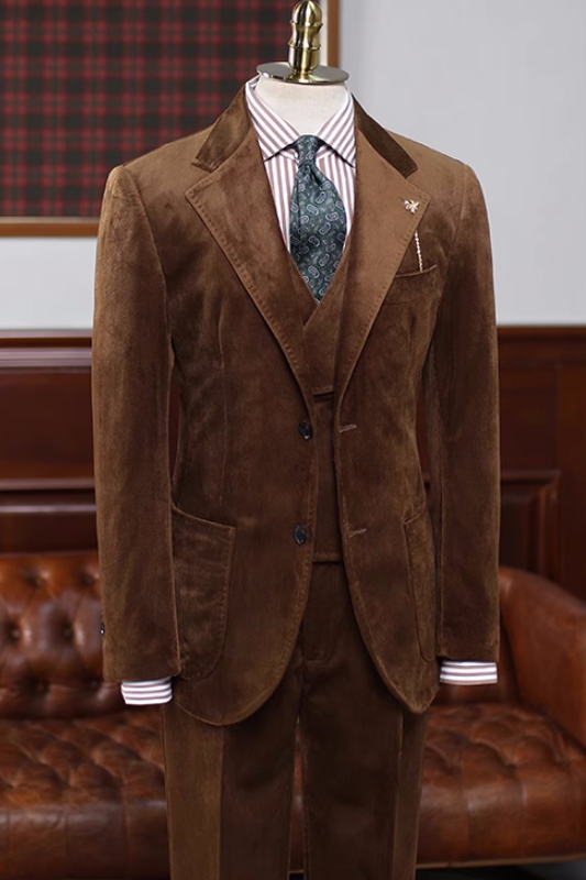 Modern Brown Notched Lapel Three Pieces Velvet Prom Suits-BMbridal
