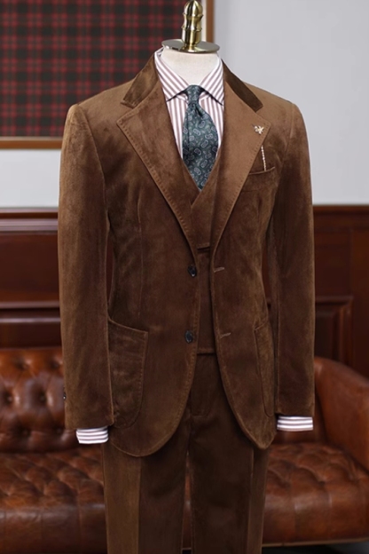 Modern Brown Notched Lapel Three Pieces Velvet Prom Suits-BMbridal