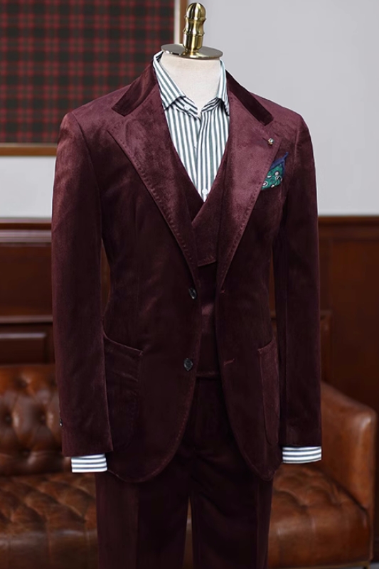 Handsome Burgundy Notched Lapel Three Pieces Velvet Prom Suits-BMbridal